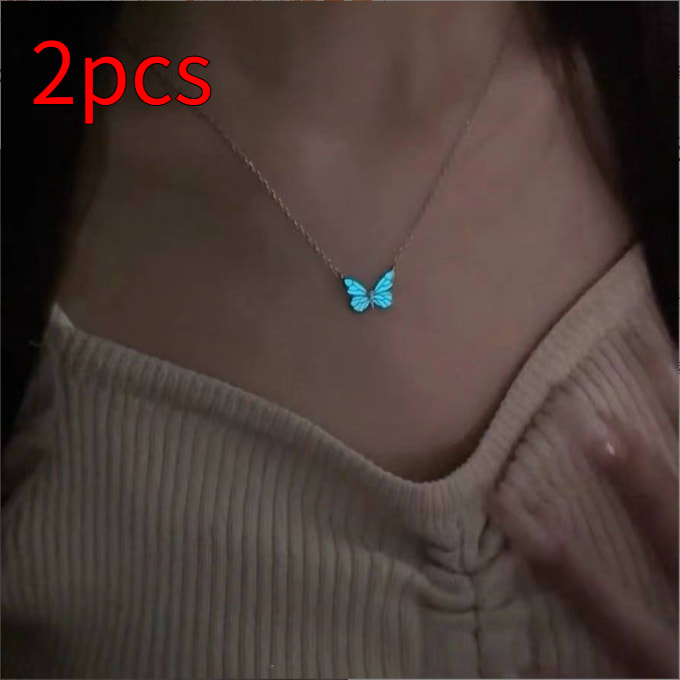 Fashion Blue Luminous Butterfly Necklace Bracelet Set For Glow In The Dark Women Clavicle Chain Choker Party Jewelry Set Gift view 11