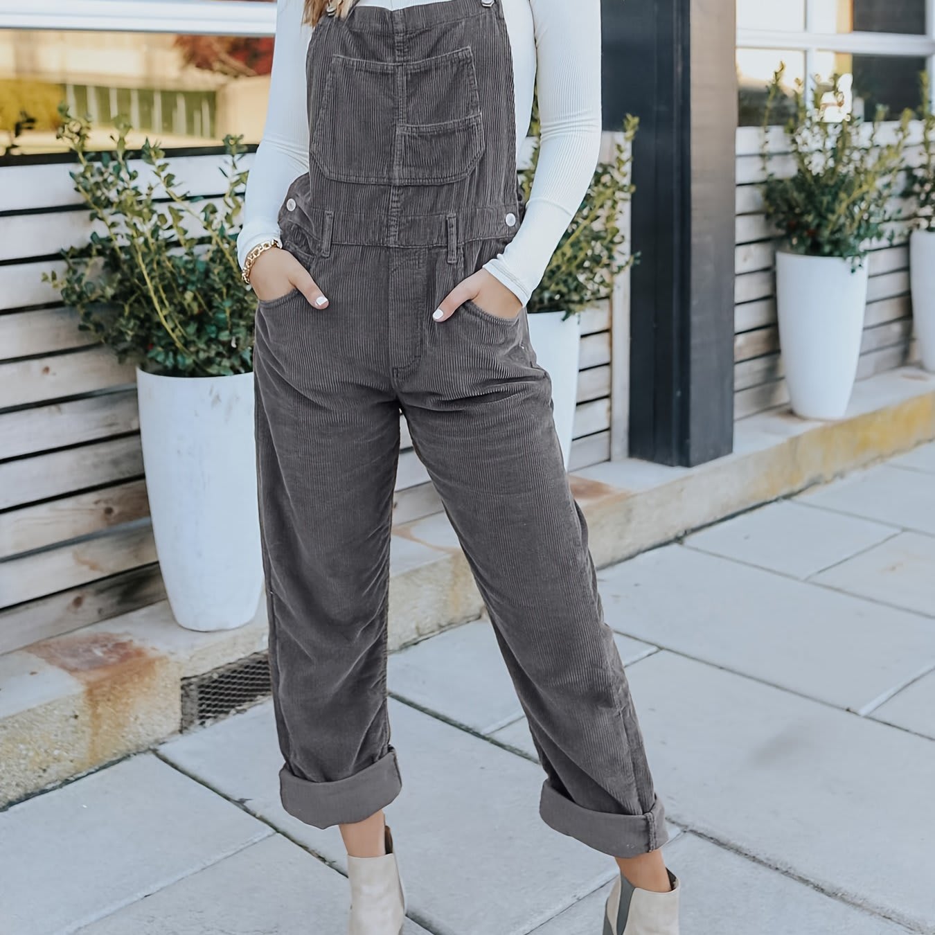 Women's High-Waisted Jumpsuit Overalls With Pockets Loose Fit Denim Trousers Casual Straight Leg Pants view 6