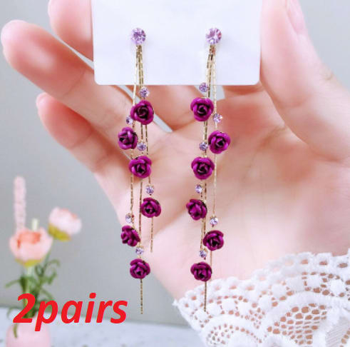 Flower Long Earrings Wild Red Rose Flower Long Rhinestone Tassel Earrings Earrings view 2