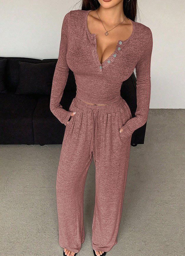 Women's Long-sleeved Button-up Solid Color Top And Trousers Two-piece Suit view 4
