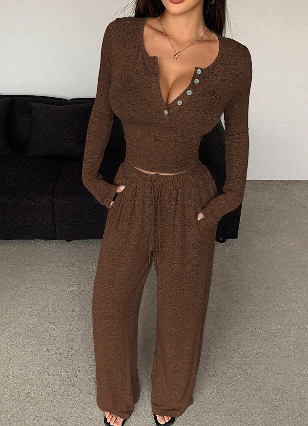 Women's Long-sleeved Button-up Solid Color Top And Trousers Two-piece Suit view 6