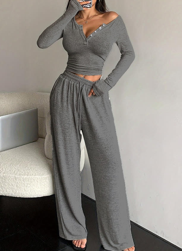 Women's Long-sleeved Button-up Solid Color Top And Trousers Two-piece Suit view 2