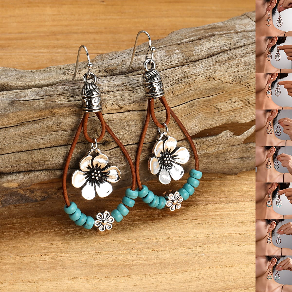 Vintage Earrings Ethnic Style Antique Silver Flower Turquoise Rope Pendant Women's Jewelry view 23