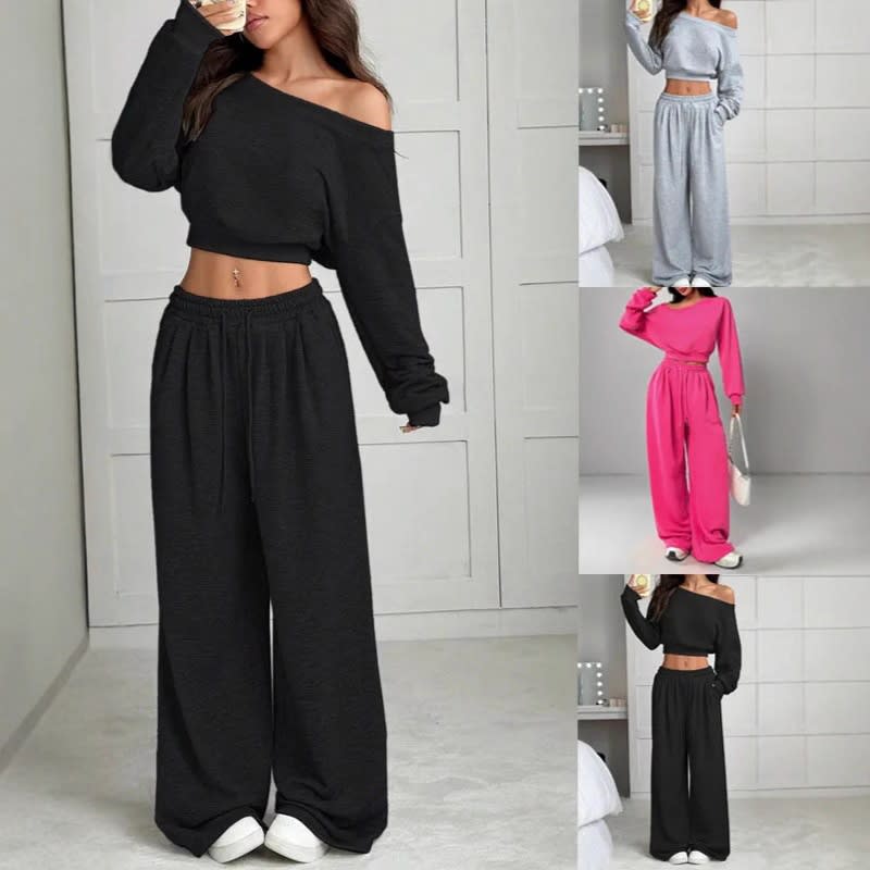 Casual 2-piece Set One-shoulder Long-sleeved Sweatshirt Women's Suit Autumn New Fashion Elastic Waist Tie Loose Sports Trousers view 8