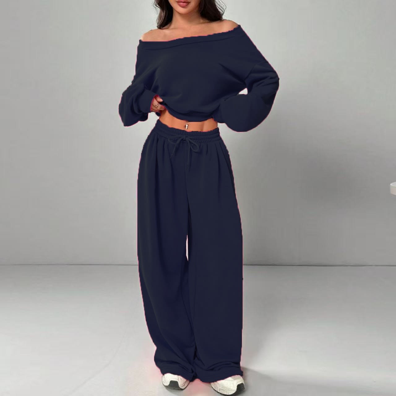 Casual 2-piece Set One-shoulder Long-sleeved Sweatshirt Women's Suit Autumn New Fashion Elastic Waist Tie Loose Sports Trousers view 29