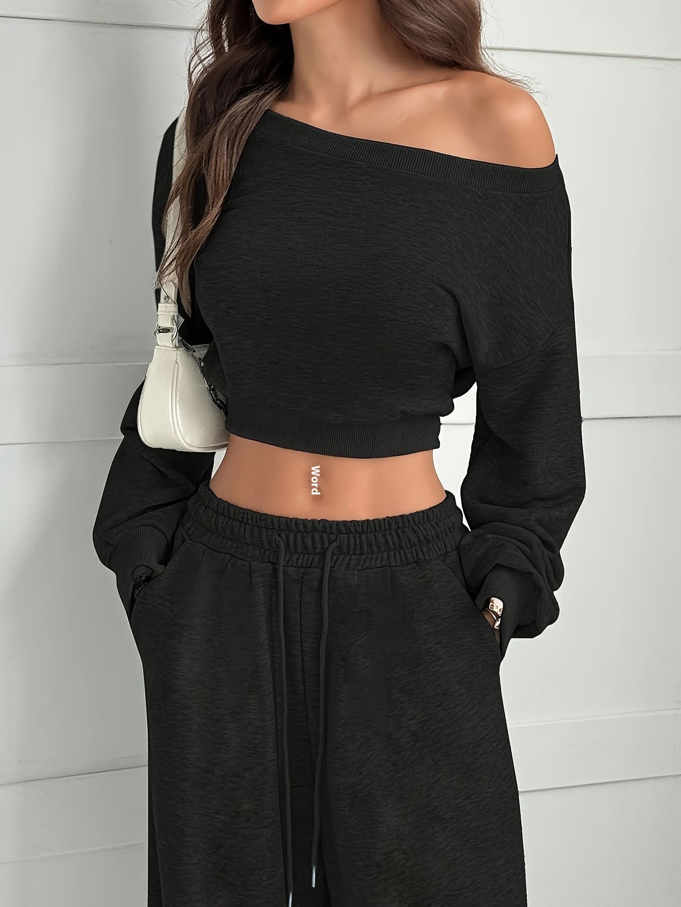 Casual 2-piece Set One-shoulder Long-sleeved Sweatshirt Women's Suit Autumn New Fashion Elastic Waist Tie Loose Sports Trousers view 15