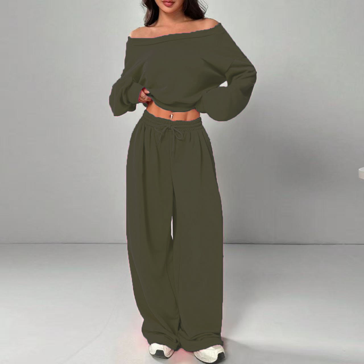 Casual 2-piece Set One-shoulder Long-sleeved Sweatshirt Women's Suit Autumn New Fashion Elastic Waist Tie Loose Sports Trousers view 14