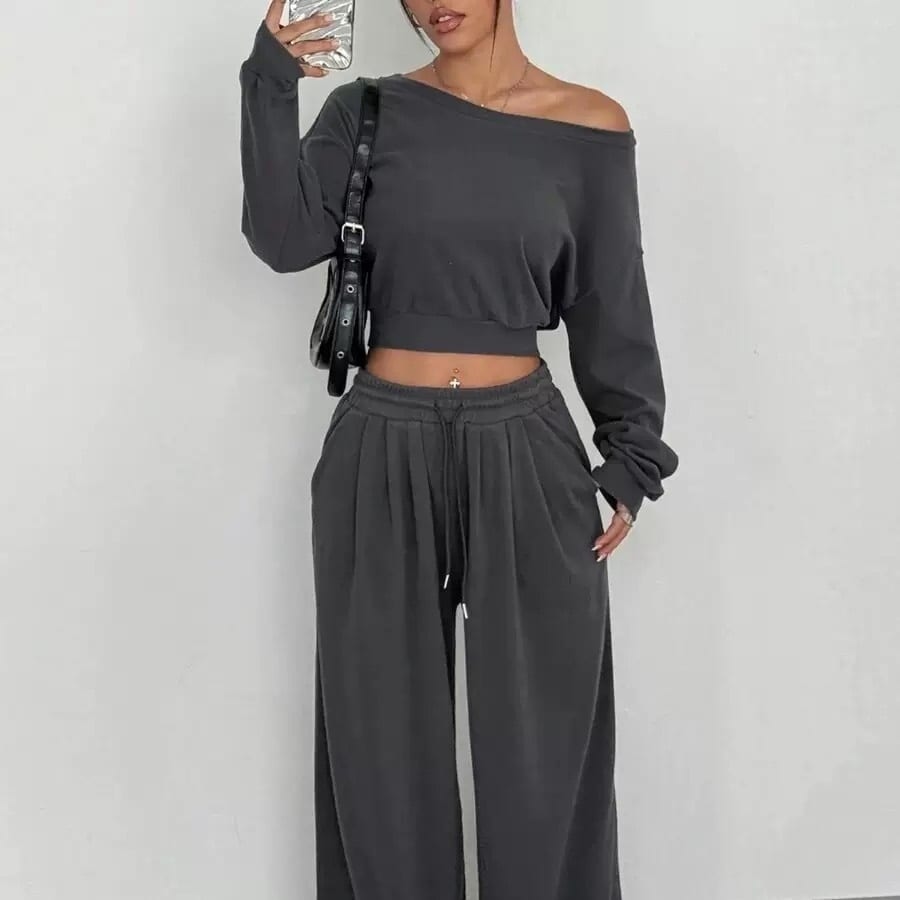 Casual 2-piece Set One-shoulder Long-sleeved Sweatshirt Women's Suit Autumn New Fashion Elastic Waist Tie Loose Sports Trousers view 21