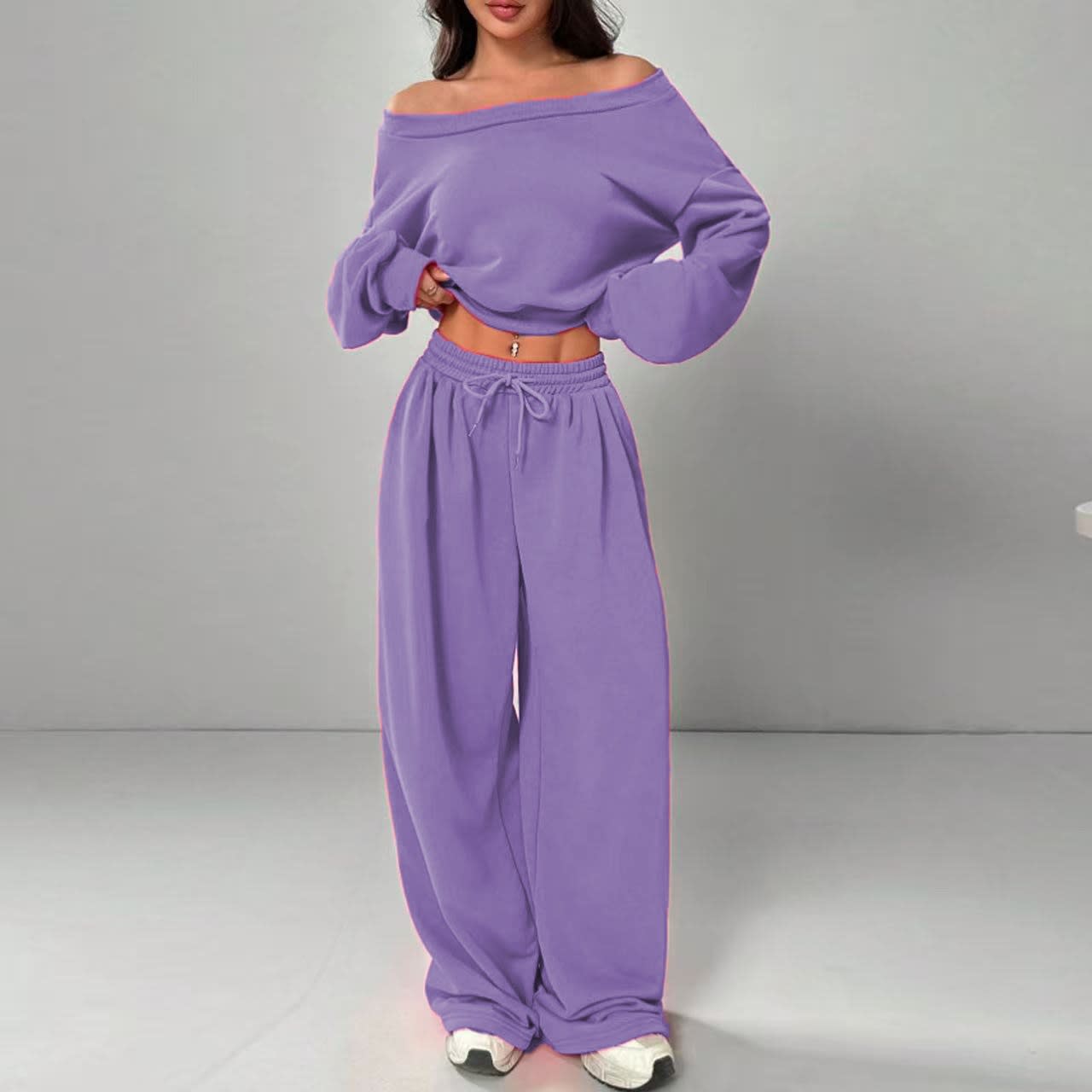 Casual 2-piece Set One-shoulder Long-sleeved Sweatshirt Women's Suit Autumn New Fashion Elastic Waist Tie Loose Sports Trousers view 9