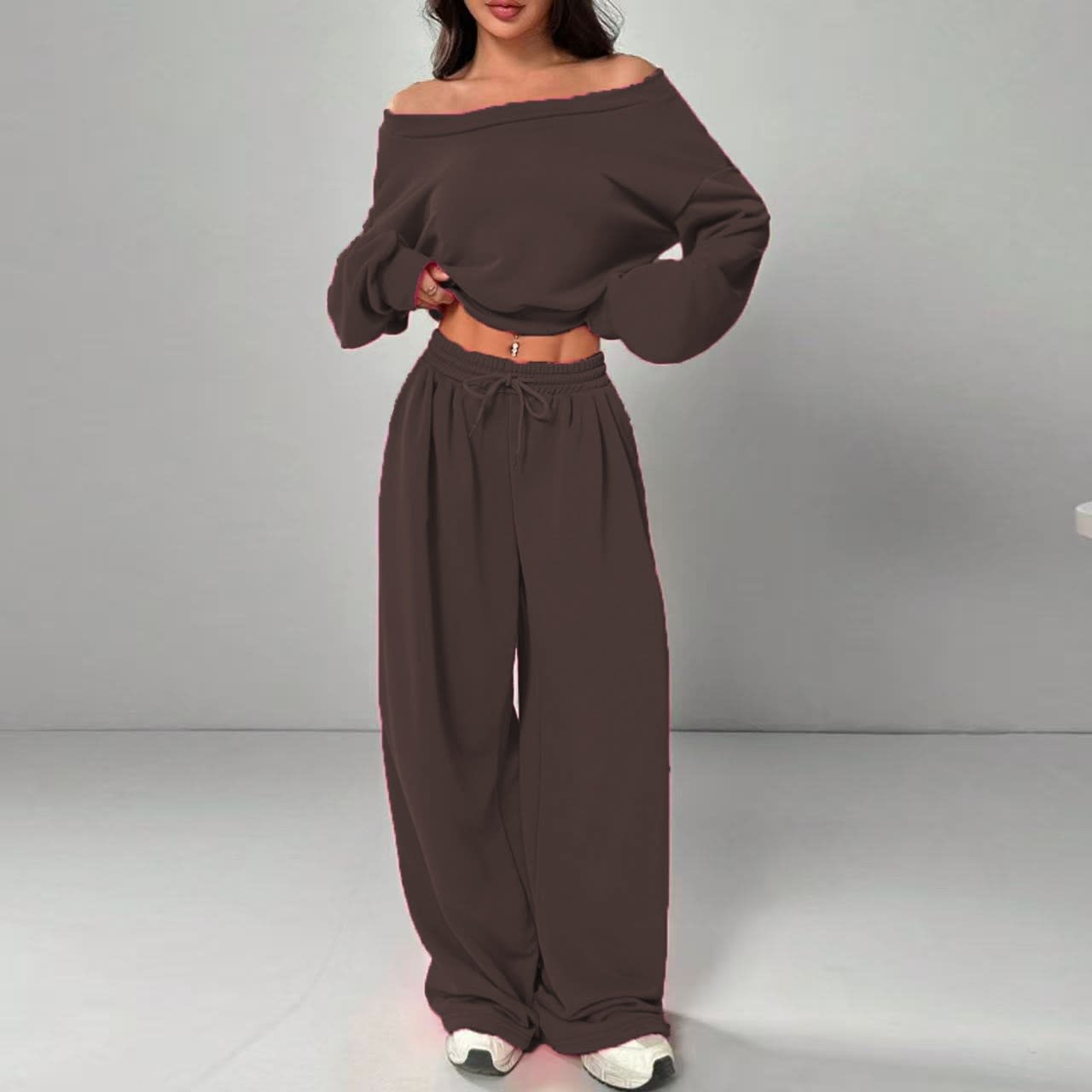 Casual 2-piece Set One-shoulder Long-sleeved Sweatshirt Women's Suit Autumn New Fashion Elastic Waist Tie Loose Sports Trousers view 7
