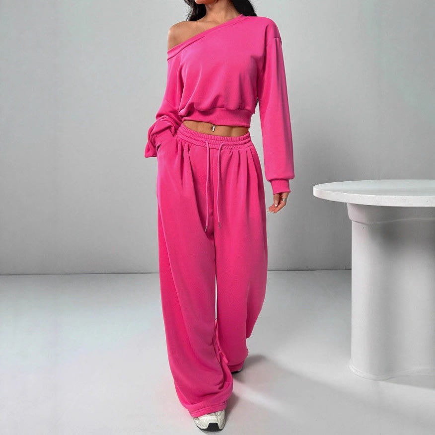 Casual 2-piece Set One-shoulder Long-sleeved Sweatshirt Women's Suit Autumn New Fashion Elastic Waist Tie Loose Sports Trousers view 19