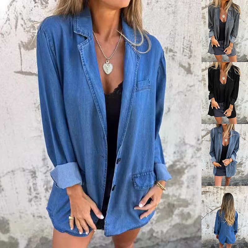 Lapel Shirt Jacket Ins Fashion Solid Color Long-sleeved Denim Top Autumn And Spring Casual Daily Streetwear Women's Clothing view 1