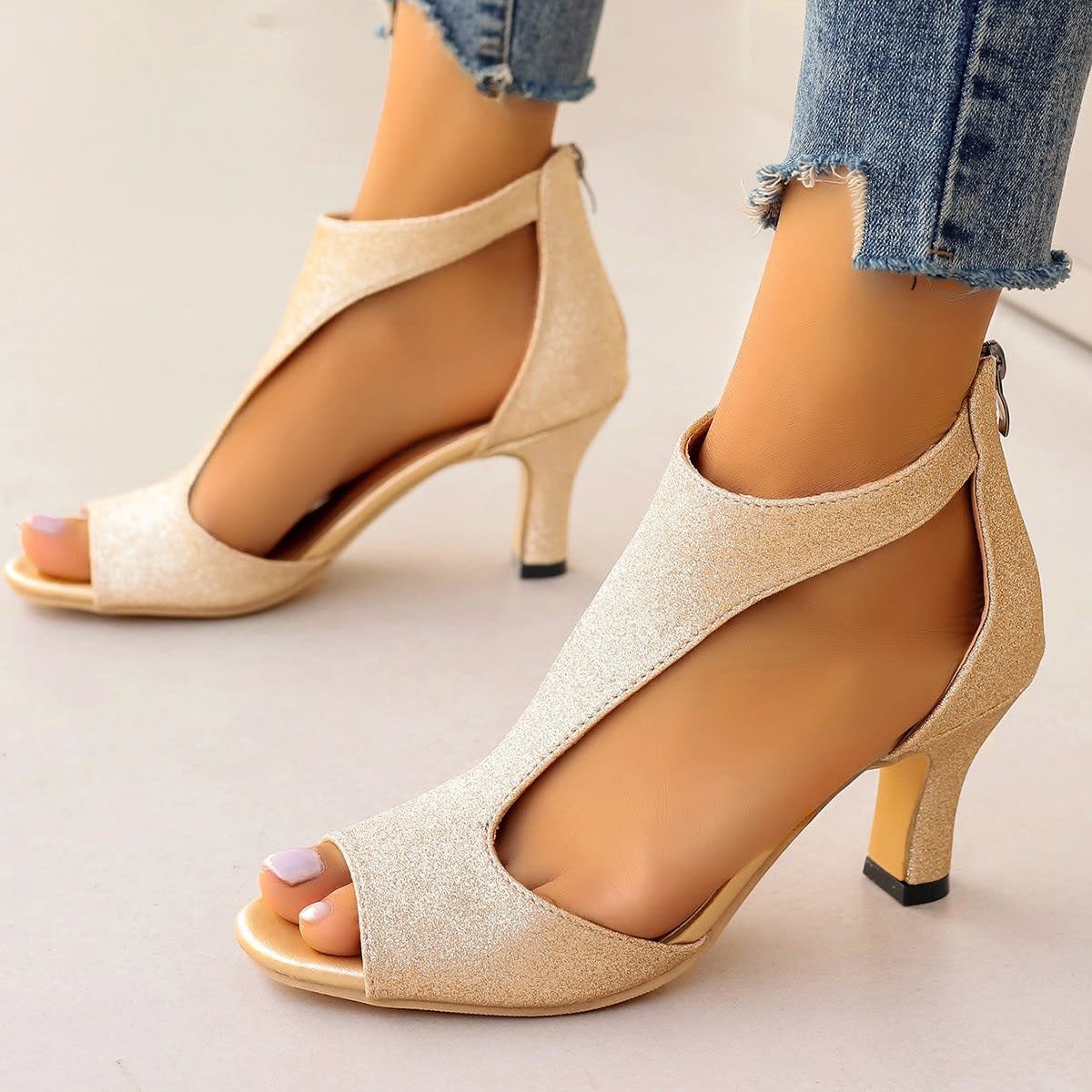 Women's High Heeled Fish Mouth Sandals with Zipper Closure - Summer Dressy Open Toe Footwear view 1