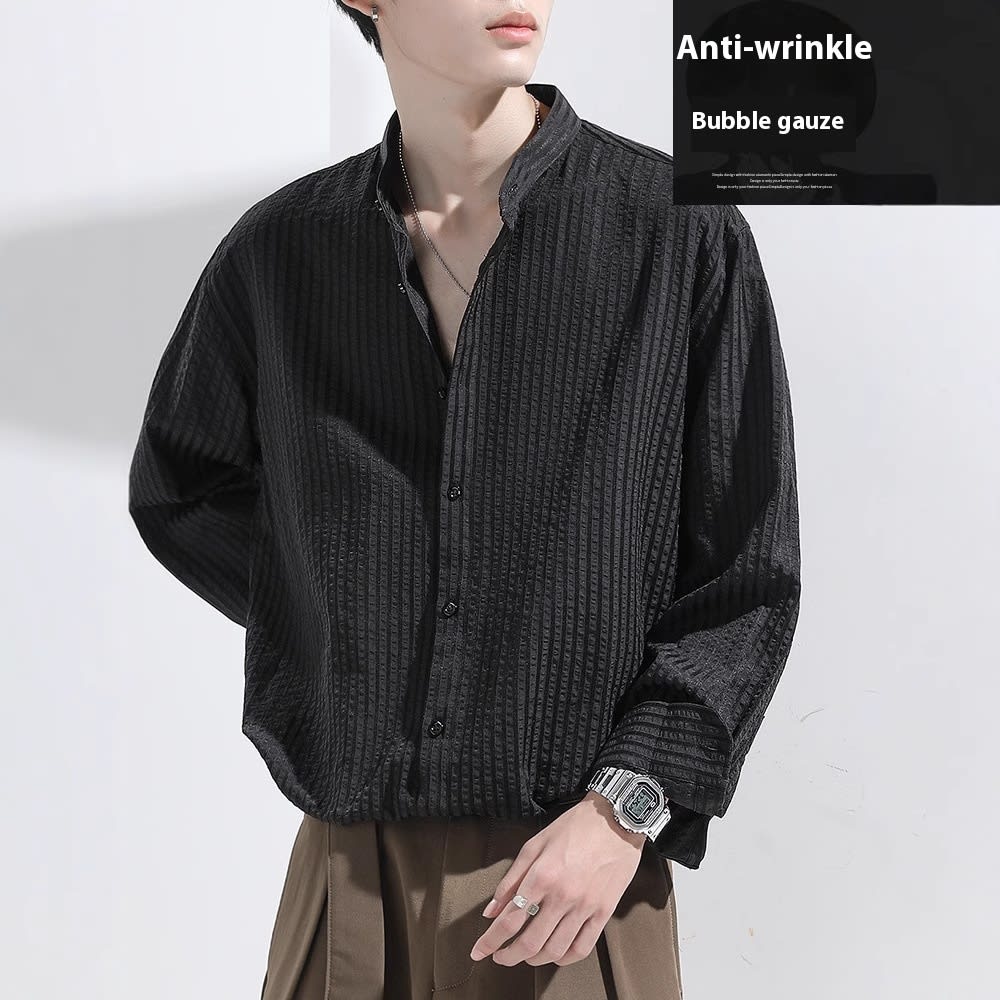 Anti-Wrinkle Seersucker Men's Black Texture Long Sleeve Casual Shirt view 2