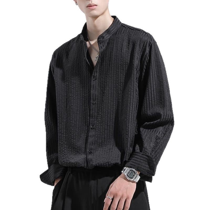 Anti-Wrinkle Seersucker Men's Black Texture Long Sleeve Casual Shirt view 5