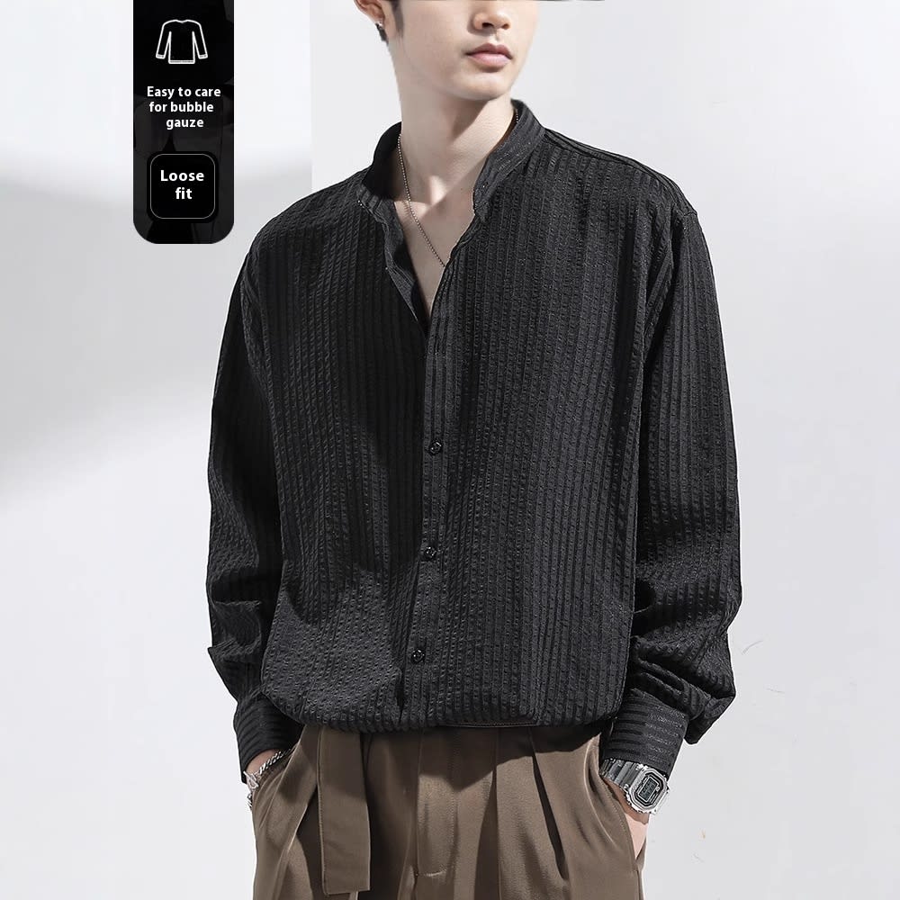 Anti-Wrinkle Seersucker Men's Black Texture Long Sleeve Casual Shirt view 4