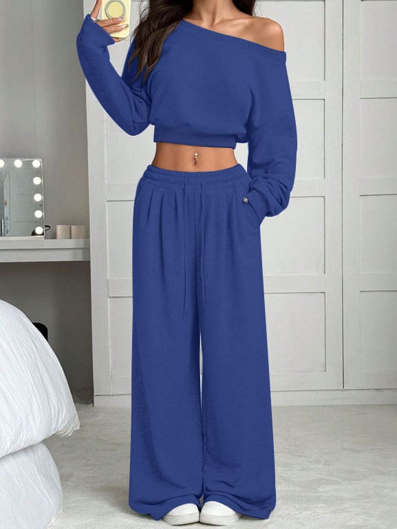 Casual 2-piece Set One-shoulder Long-sleeved Sweatshirt Women's Suit Autumn New Fashion Elastic Waist Tie Loose Sports Trousers view 13