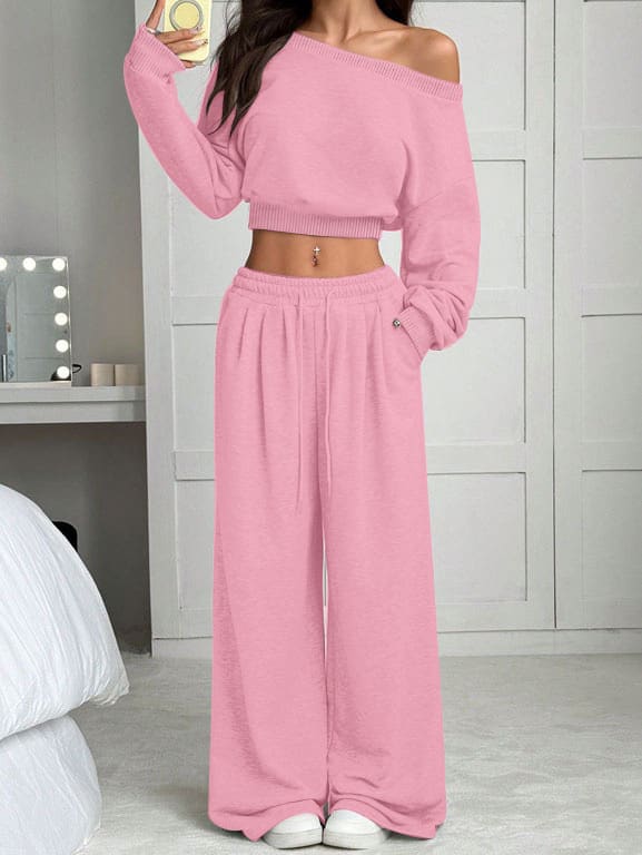 Casual 2-piece Set One-shoulder Long-sleeved Sweatshirt Women's Suit Autumn New Fashion Elastic Waist Tie Loose Sports Trousers view 12
