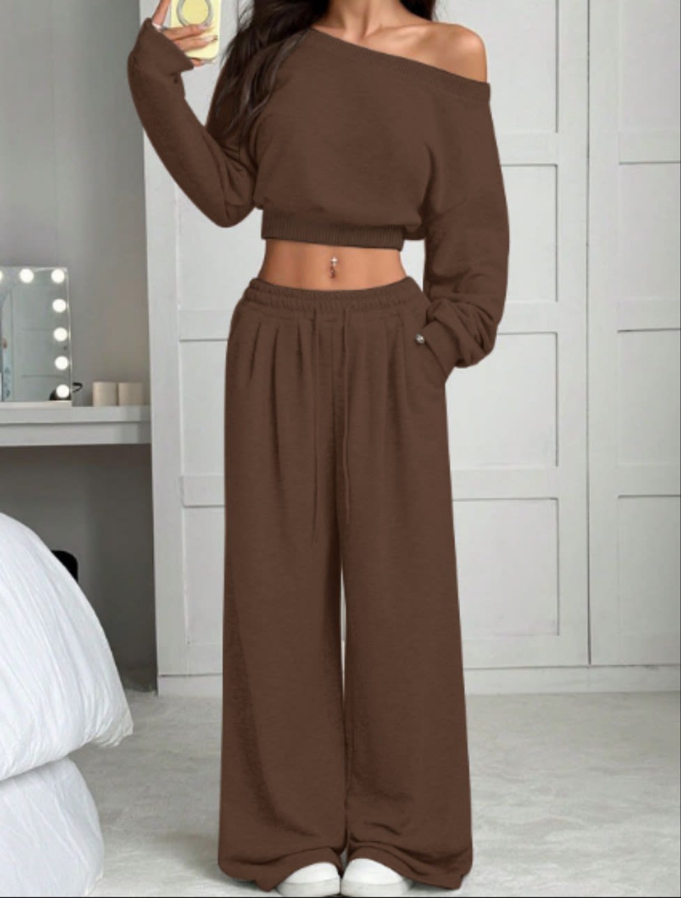 Casual 2-piece Set One-shoulder Long-sleeved Sweatshirt Women's Suit Autumn New Fashion Elastic Waist Tie Loose Sports Trousers view 25