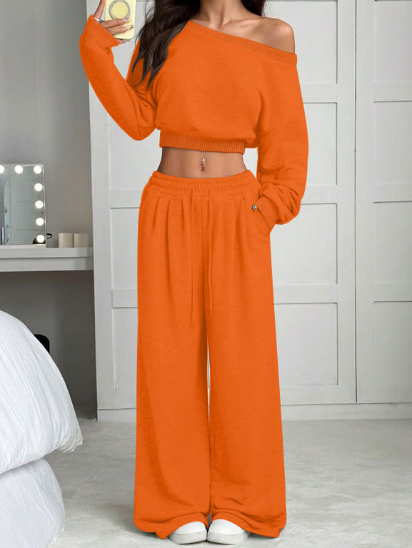 Casual 2-piece Set One-shoulder Long-sleeved Sweatshirt Women's Suit Autumn New Fashion Elastic Waist Tie Loose Sports Trousers view 20