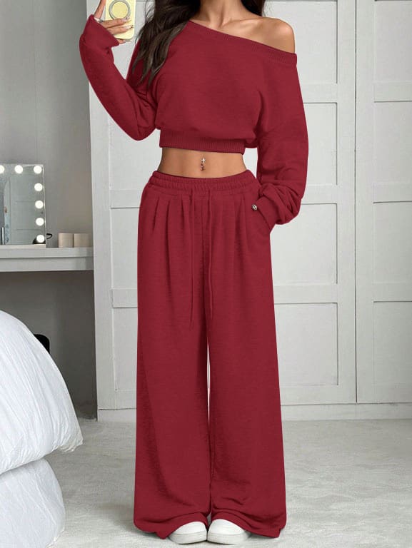Casual 2-piece Set One-shoulder Long-sleeved Sweatshirt Women's Suit Autumn New Fashion Elastic Waist Tie Loose Sports Trousers view 22
