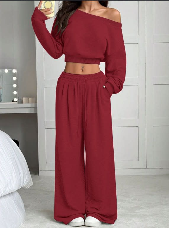 Casual 2-piece Set One-shoulder Long-sleeved Sweatshirt Women's Suit Autumn New Fashion Elastic Waist Tie Loose Sports Trousers view 5