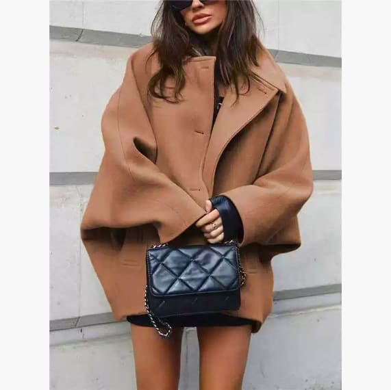 Fashion Brown Lapel Batwing Sleeve Coat view 5