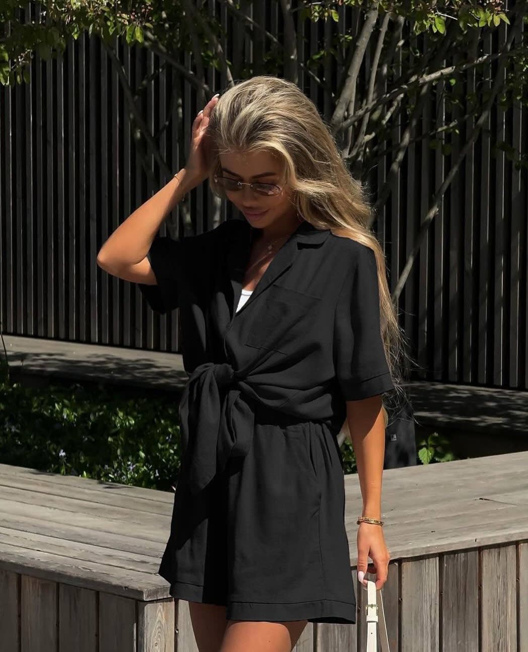 Women's Short-sleeved Shorts Jumpsuit Lace-up Turn-down Collar Solid Color Clothing Summer view 9
