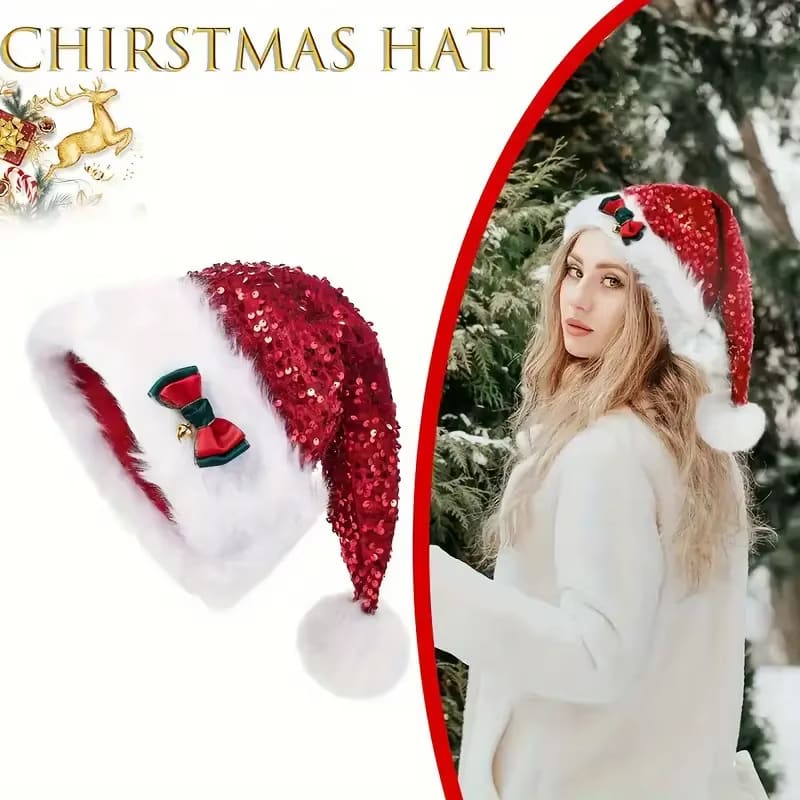 Christmas Hat With Red Sequins And Bow Design Warm Plush Decorative Hat, Christmas Enlarged And Thickened Long Haired Hat view 5