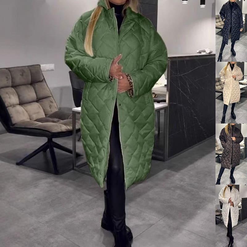 Winter Rhombus Stitching Coat Warm Solid Color Pocket Lapel Long Jacket Women's Clothing view 9