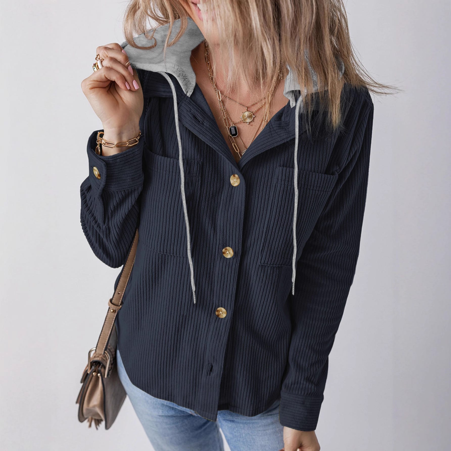 Lapel Buckle Cardigan Pouch Hooded Drawstring Striped Coat view 6