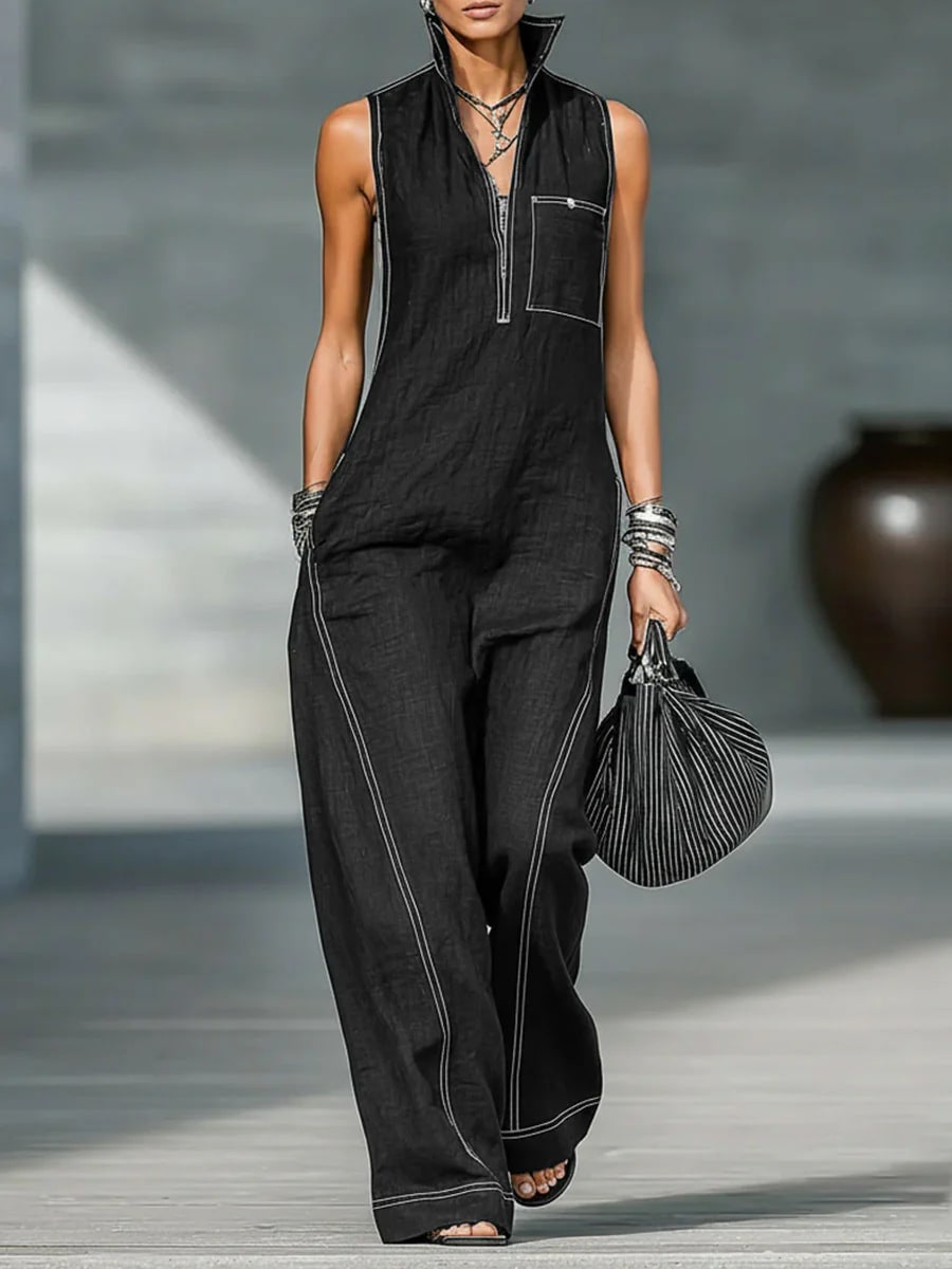 Stand-up Collar Jumpsuit With Pockets Summer Fashion Casual Sleeveless Jumpsuit Trousers Women's Clothing view 5
