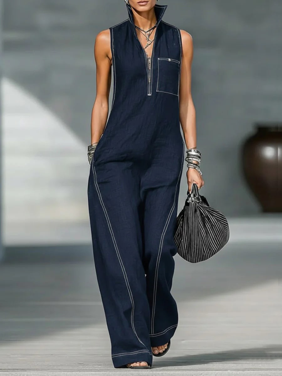 Stand-up Collar Jumpsuit With Pockets Summer Fashion Casual Sleeveless Jumpsuit Trousers Women's Clothing view 8