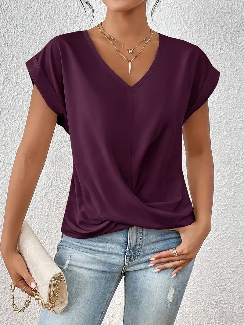 Fashion V-neck Short-sleeve T-shirt Summer Casual Irregular Knot Top For Women Clothing view 15