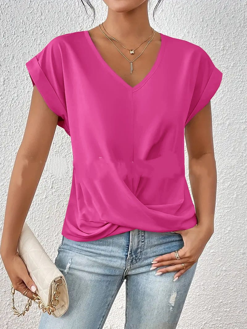 Fashion V-neck Short-sleeve T-shirt Summer Casual Irregular Knot Top For Women Clothing view 4