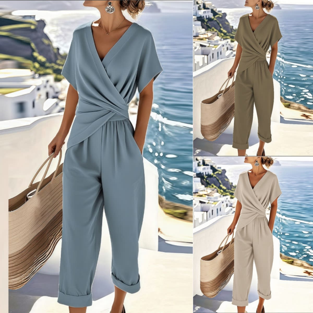 Women's Two Pieces Set Fashion Solid Color Irregular Short Sleeve Suit Summer Fashion V Neck Slim Office Suit Casual Pleated Irregular Top And Pants Female Outfit view 7