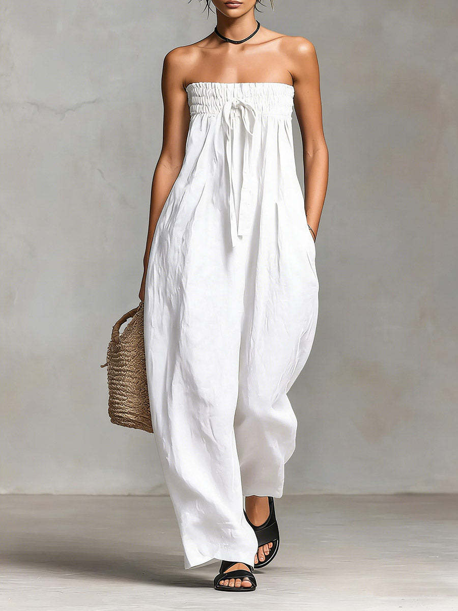 Women's Strapless Ruched Jumpsuit Summer Fashion Tie-up Loose Straight-leg Jumpsuit view 8