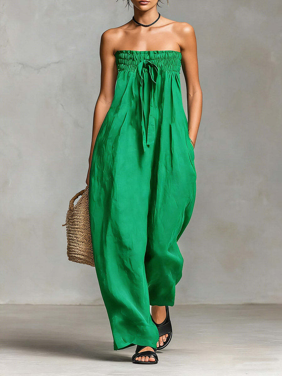 Women's Strapless Ruched Jumpsuit Summer Fashion Tie-up Loose Straight-leg Jumpsuit view 9