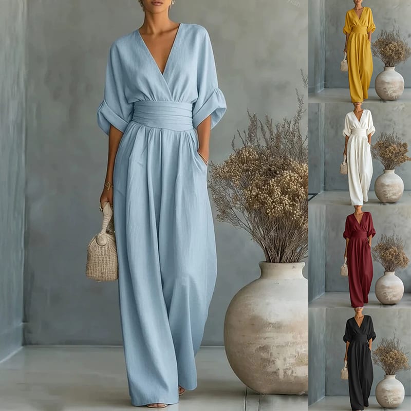 Summer Short-sleeved Jumpsuit Fashion Casual V-Neck Wide-Leg Pants Womens Clothing view 10