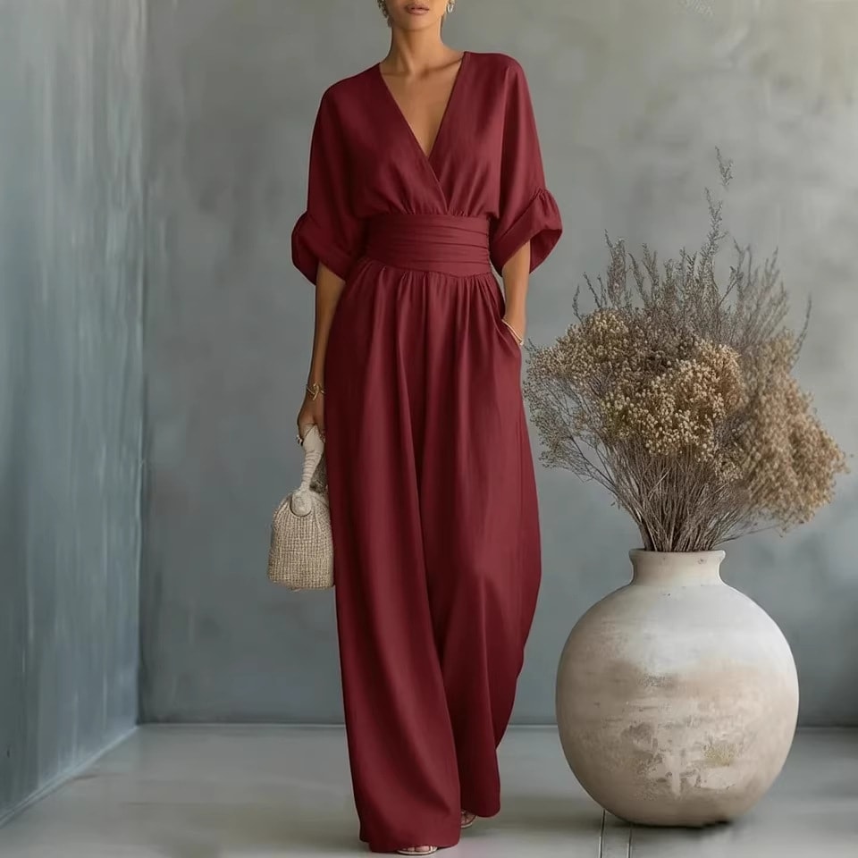Summer Short-sleeved Jumpsuit Fashion Casual V-Neck Wide-Leg Pants Womens Clothing view 8