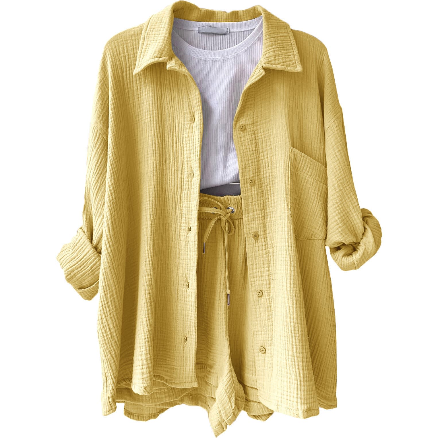 Women's Wrinkled Fabric Lapel Long Sleeved Shirt Shorts Fashion Casual Set view 15