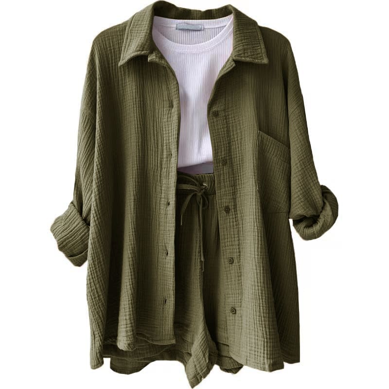 Women's Wrinkled Fabric Lapel Long Sleeved Shirt Shorts Fashion Casual Set view 11