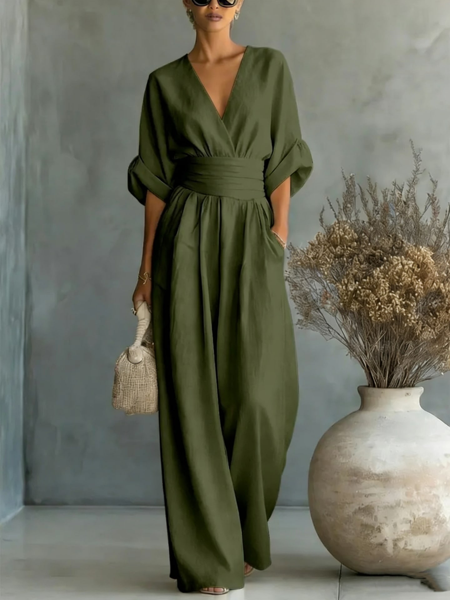 Summer Short-sleeved Jumpsuit Fashion Casual V-Neck Wide-Leg Pants Womens Clothing view 4