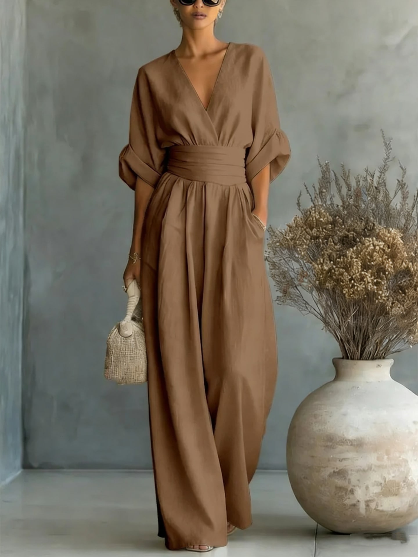 Summer Short-sleeved Jumpsuit Fashion Casual V-Neck Wide-Leg Pants Womens Clothing view 11