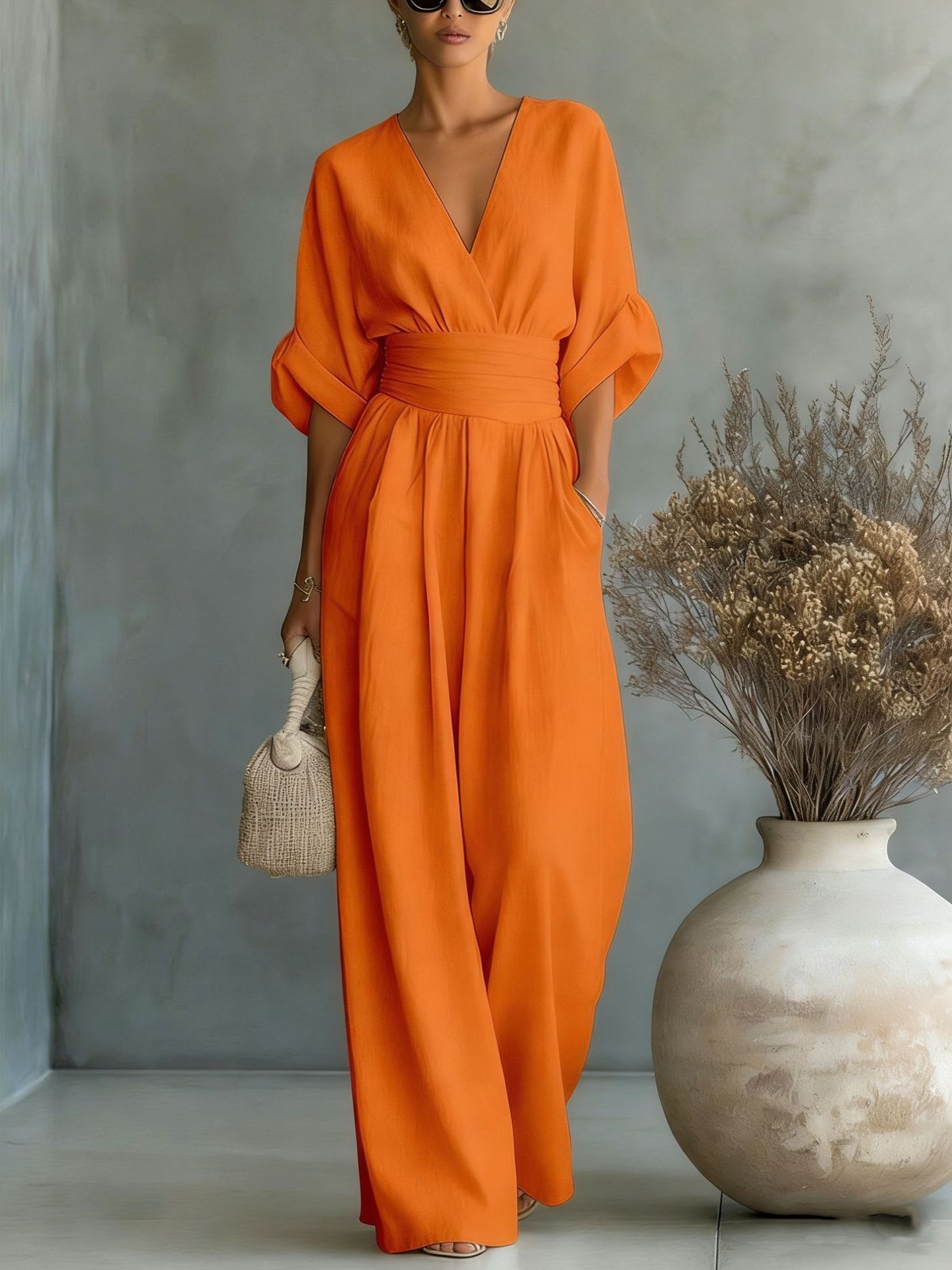 Summer Short-sleeved Jumpsuit Fashion Casual V-Neck Wide-Leg Pants Womens Clothing view 6