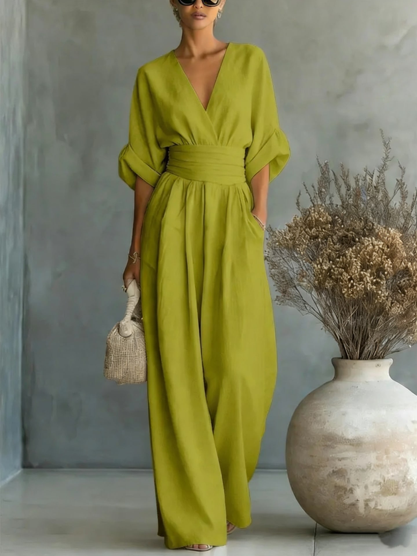 Summer Short-sleeved Jumpsuit Fashion Casual V-Neck Wide-Leg Pants Womens Clothing view 3
