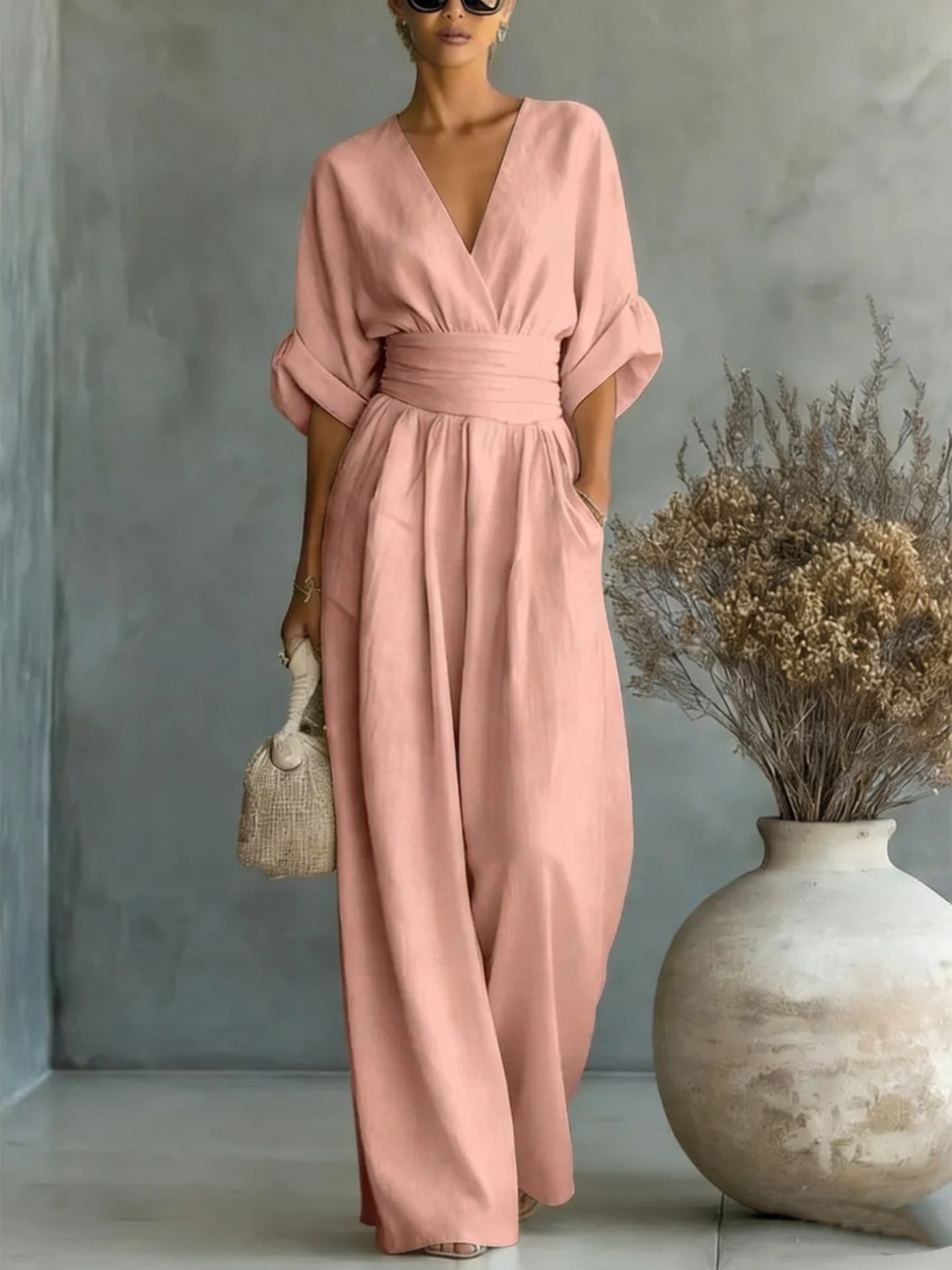 Summer Short-sleeved Jumpsuit Fashion Casual V-Neck Wide-Leg Pants Womens Clothing view 5