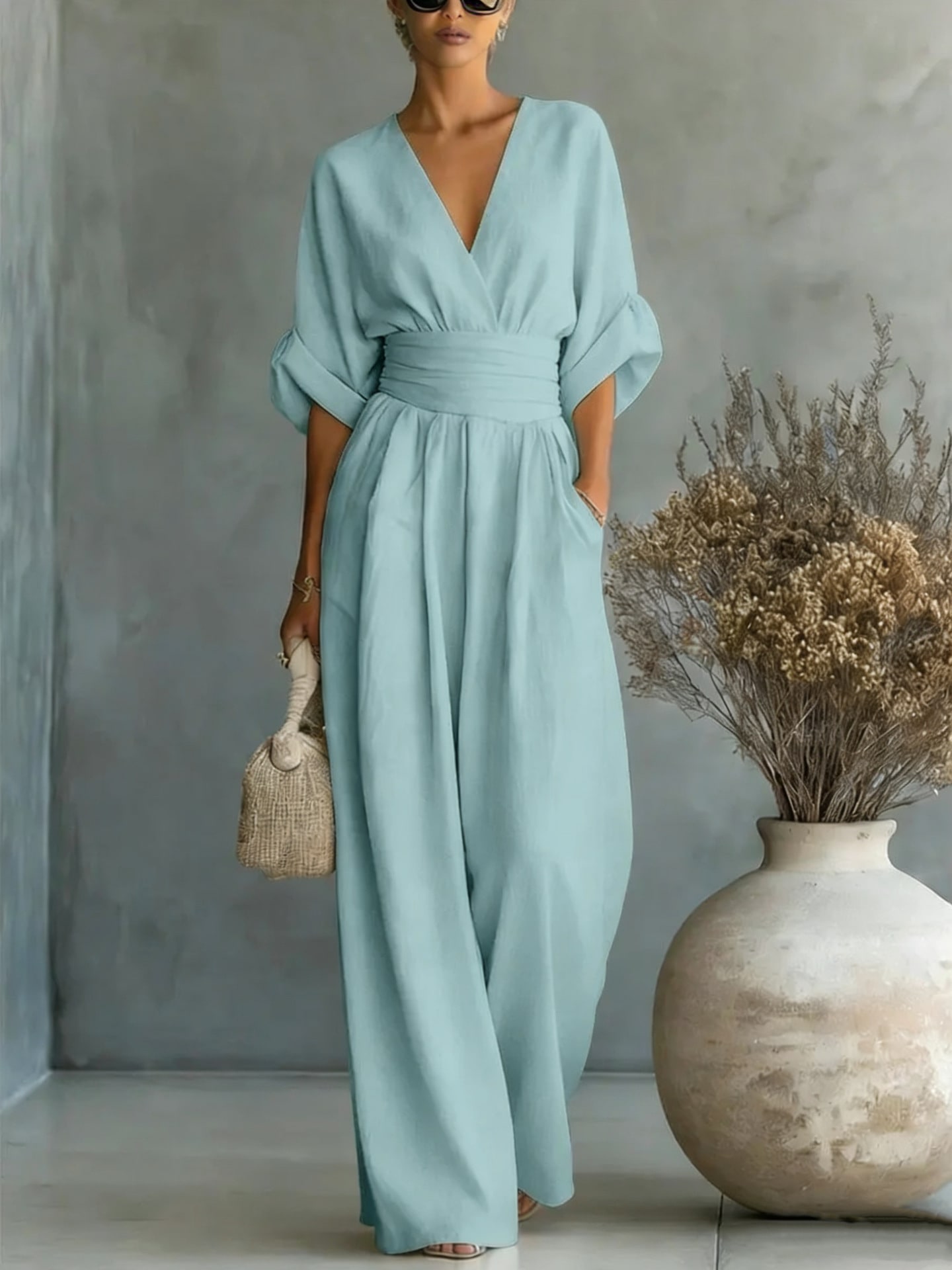 Summer Short-sleeved Jumpsuit Fashion Casual V-Neck Wide-Leg Pants Womens Clothing view 9