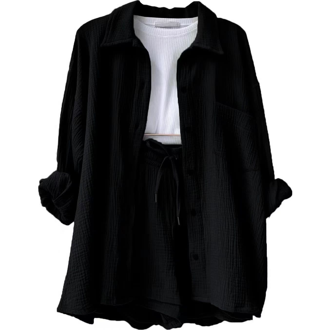 Women's Wrinkled Fabric Lapel Long Sleeved Shirt Shorts Fashion Casual Set view 20
