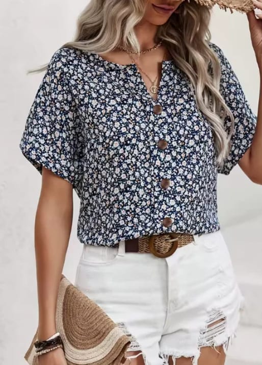 Plant Jacquard V-neck Women's Short-sleeved T-shirt view 2